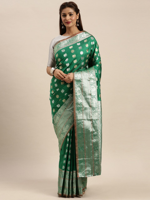 

SANGAM PRINTS Green & Silver-Toned Pure Silk Woven Design Kanjeevaram Saree