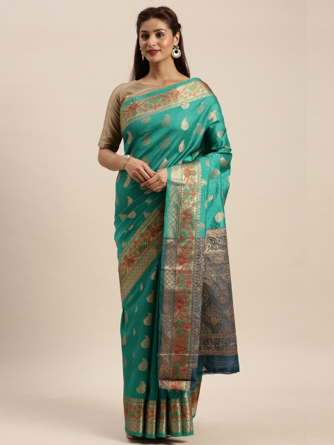 

SANGAM PRINTS Green & Gold-Toned Pure Silk Woven Design Banarasi Saree