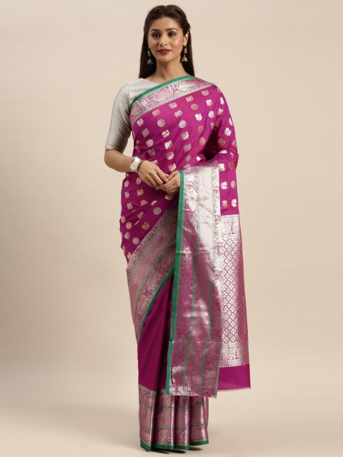 

SANGAM PRINTS Magenta Pink & Silver-Toned Pure Silk Woven Design Kanjeevaram Saree