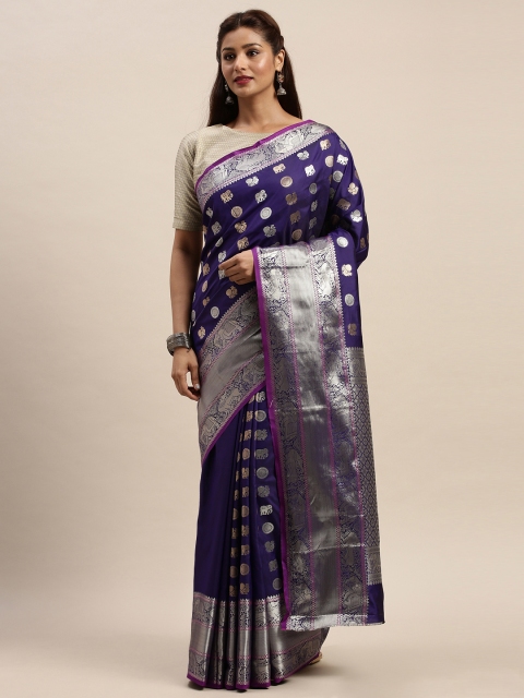 

SANGAM PRINTS Purple & Silver-Toned Pure Silk Woven Design Kanjeevaram Saree
