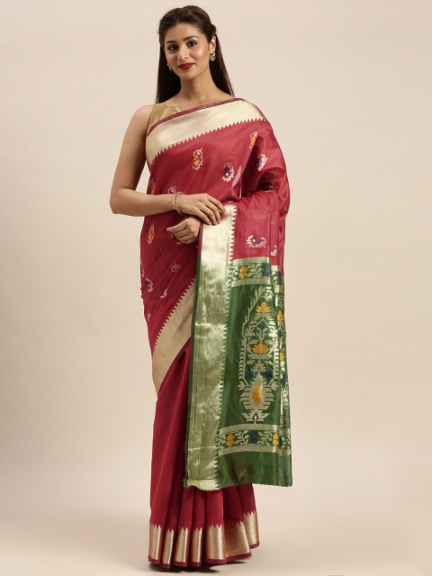 

SANGAM PRINTS Maroon & Green Cotton Blend Woven Design Kanjeevaram Saree