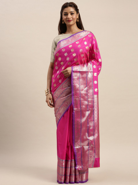 

SANGAM PRINTS Pink & Gold-Coloured Pure Silk Woven Design Kanjeevaram Saree