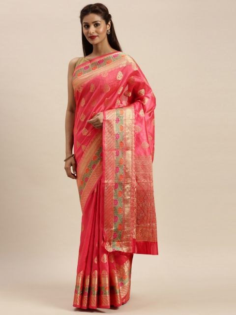 

SANGAM PRINTS Coral Pink & Gold-Coloured Pure Silk Woven Design Banarasi Saree