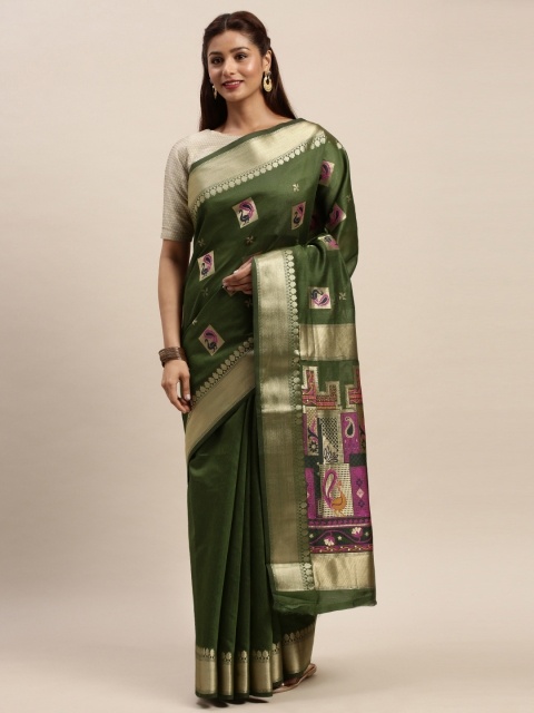 

SANGAM PRINTS Green Cotton Blend Woven Design Baluchari Saree
