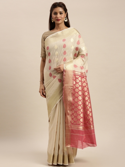 

SANGAM PRINTS Beige & Pink Pure Cotton Woven Design Kota Saree
