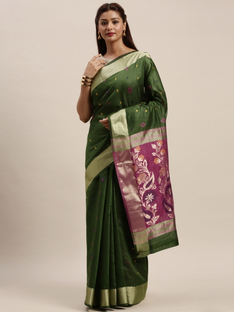 

SANGAM PRINTS Green & Pink Cotton Blend Printed Kanjeevaram Saree