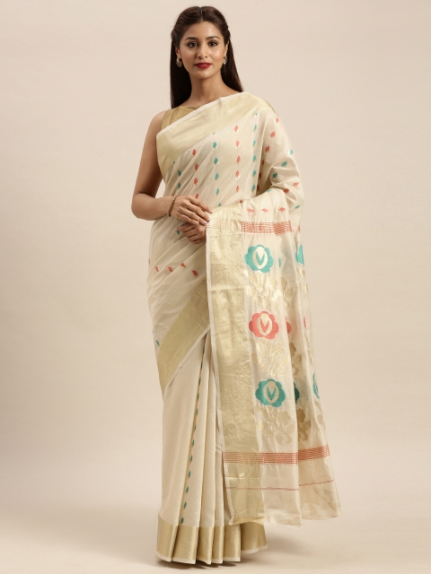 

SANGAM PRINTS Cream-Coloured & Green Pure Cotton Woven Design Kota Saree