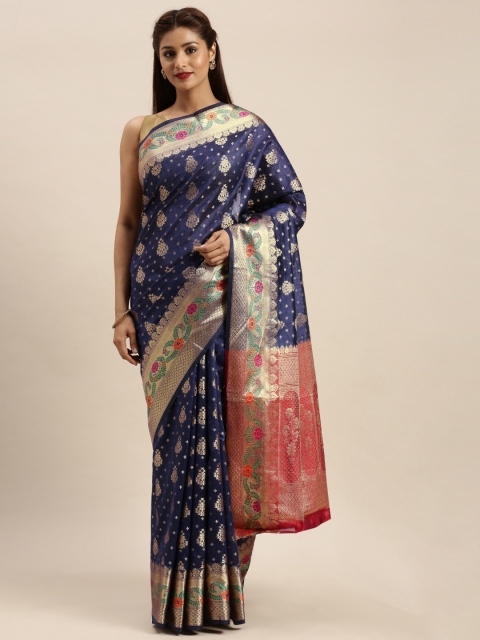 

SANGAM PRINTS Navy Blue & Gold-Coloured Pure Silk Woven Design Banarasi Saree