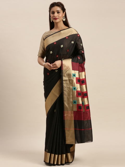 

SANGAM PRINTS Black Cotton Blend Woven Design Kanjeevaram Saree