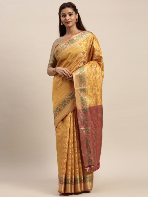 

SANGAM PRINTS Mustard & Gold-Toned Pure Silk Woven Design Banarasi Saree