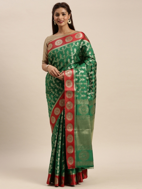 

SANGAM PRINTS Green Pure Silk Woven Design Baluchari Saree