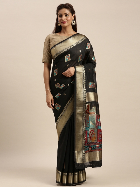 

SANGAM PRINTS Black & Gold-Toned Cotton Blend Woven Design Baluchari Saree