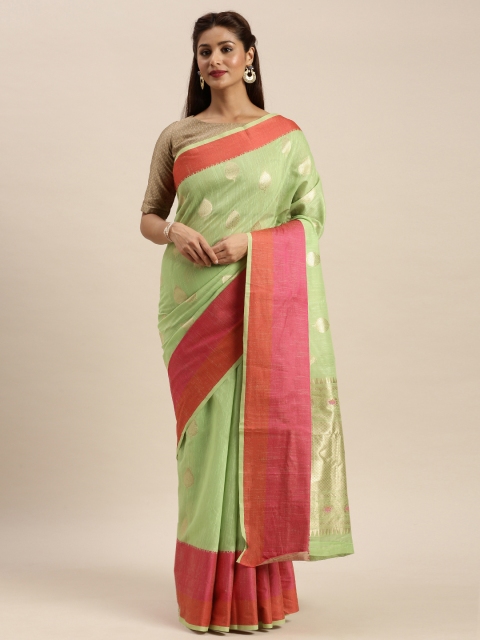 

SANGAM PRINTS Green & Pink Linen Blend Woven Design Block Print Saree