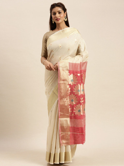 

SANGAM PRINTS Cream-Coloured & Pink Pure Cotton Woven Design Kota Saree