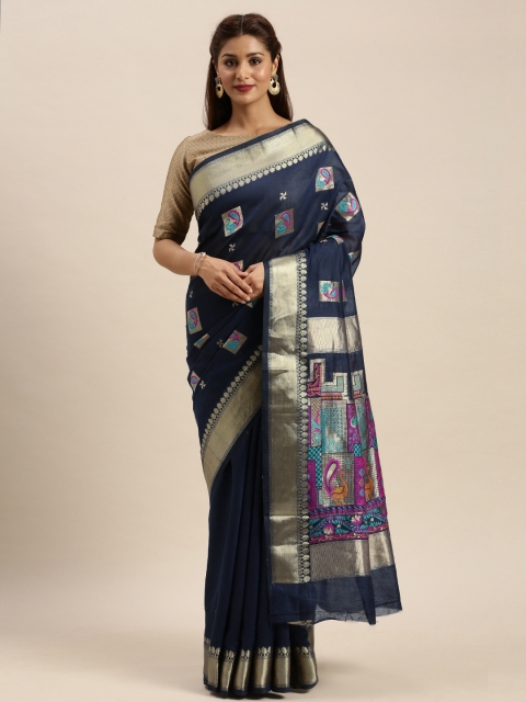 

SANGAM PRINTS Navy Blue & Gold-Coloured Cotton Blend Woven Design Baluchari Saree