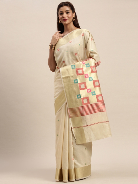 

SANGAM PRINTS Cream-Coloured & Multicoloured Cotton Blend Woven Design Kanjeevaram Saree