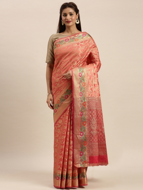 

SANGAM PRINTS Orange & Gold-Toned Pure Silk Woven Design Banarasi Saree