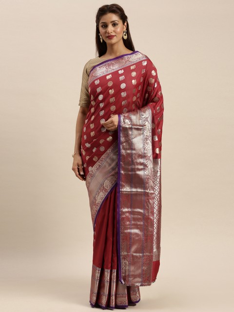 

SANGAM PRINTS Maroon & Gold-Coloured Pure Silk Woven Design Kanjeevaram Saree