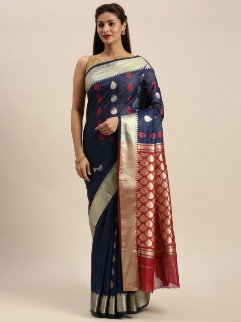 

SANGAM PRINTS Navy Blue & Maroon Cotton Blend Woven Design Handloom Kanjeevaram Saree