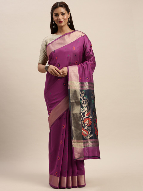 

SANGAM PRINTS Magenta Pink Cotton Blend Woven Design Kanjeevaram Saree