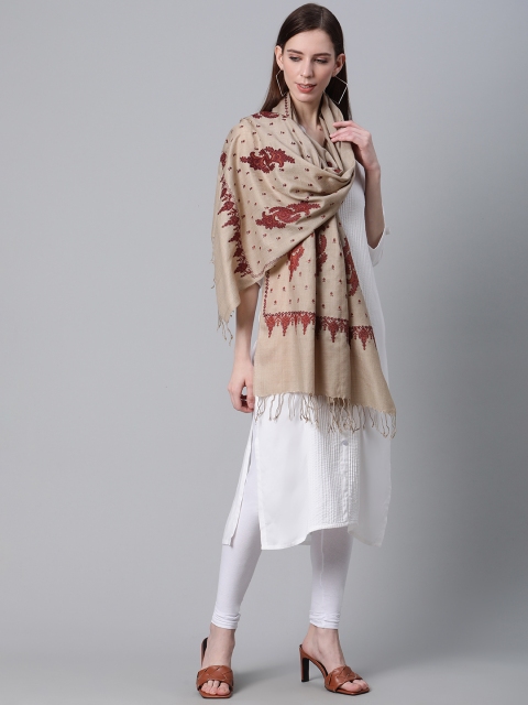 

Cayman Women Beige & Maroon Woolen Embroidered Shawl