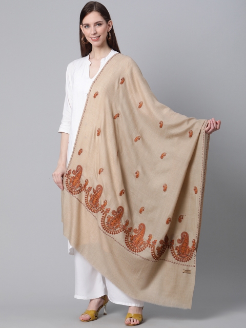 

Cayman Women Beige & Orange Woolen Paisley Embroidered Shawl