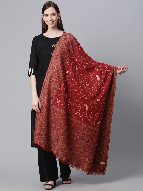 

Cayman Women Maroon & Orange Woolen Paisley Embroidered Shawl
