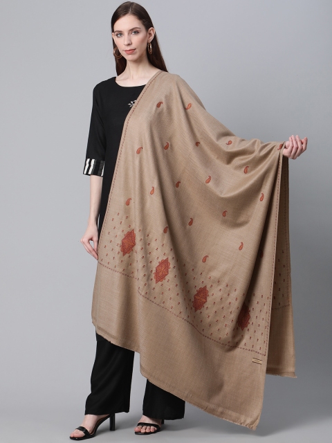 

Cayman Women Brown & Orange Woolen Paisley Embroidered Shawl