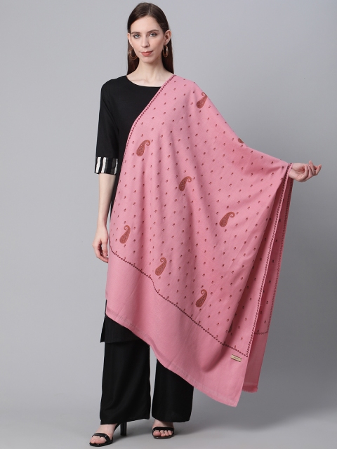 

Cayman Women Pink & Maroon Woolen Paisley Embroidered Shawl