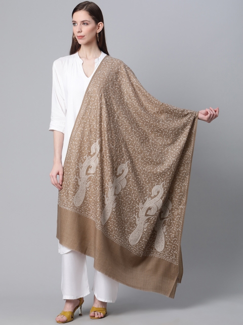 

Cayman Women Taupe & Off-White Woolen Embroidered Shawl