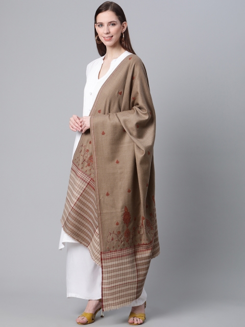 

Cayman Women Beige & Maroon Woolen Embroidered Shawl