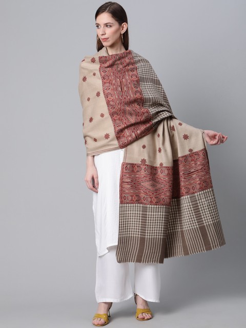 

Cayman Women Beige & Maroon Woolen Embroidered Shawl