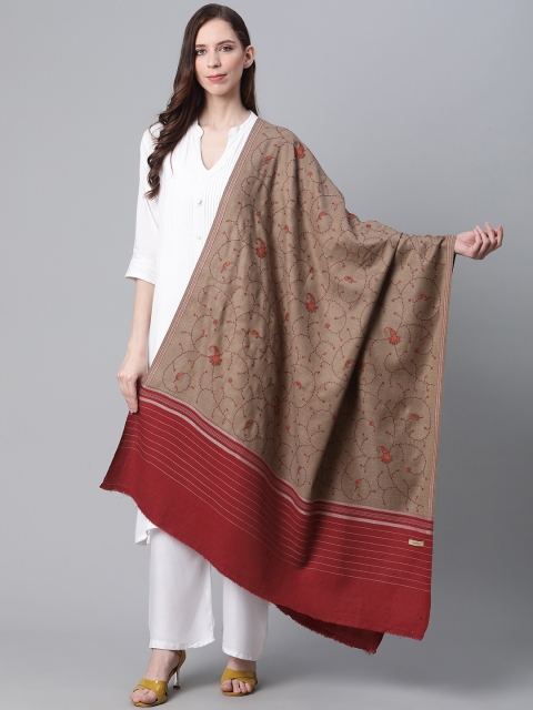 

Cayman Women Taupe & Maroon Woolen Embroidered Shawl