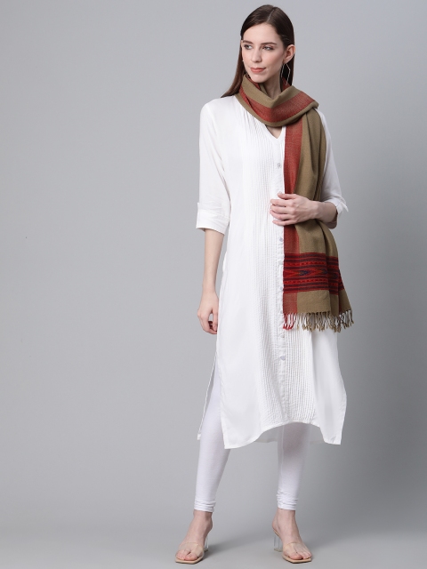 

Cayman Women Olive Green Woolen Woven Design Shawl