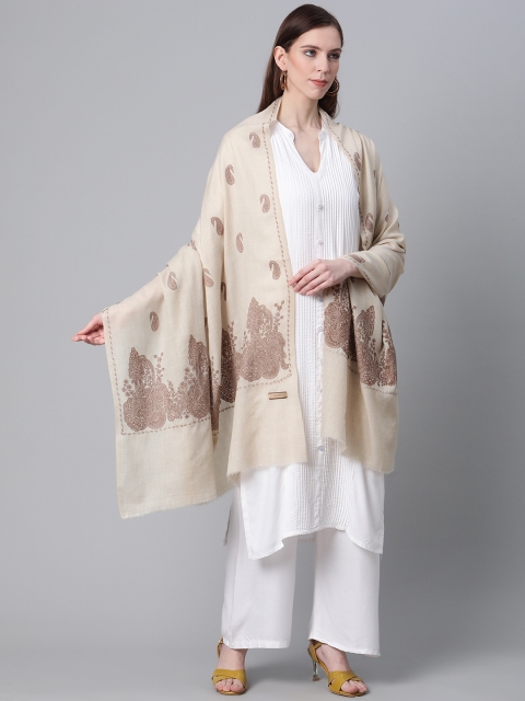 

Cayman Women Beige & Brown Woolen Paisley Embroidered Shawl