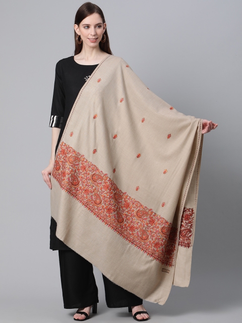 

Cayman Women Beige & Orange Woolen Embroidered Shawl
