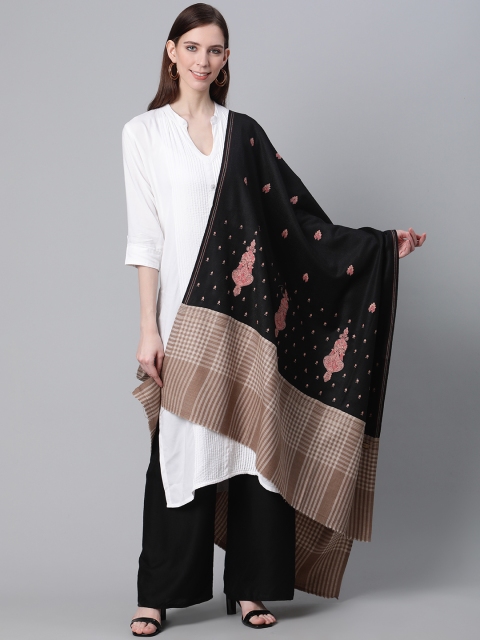 

Cayman Women Black & Peach-Coloured Woolen Embroidered Shawl