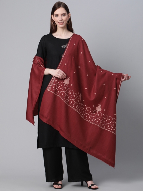 

Cayman Women Maroon & Peach-Coloured Woolen Embroidered Shawl