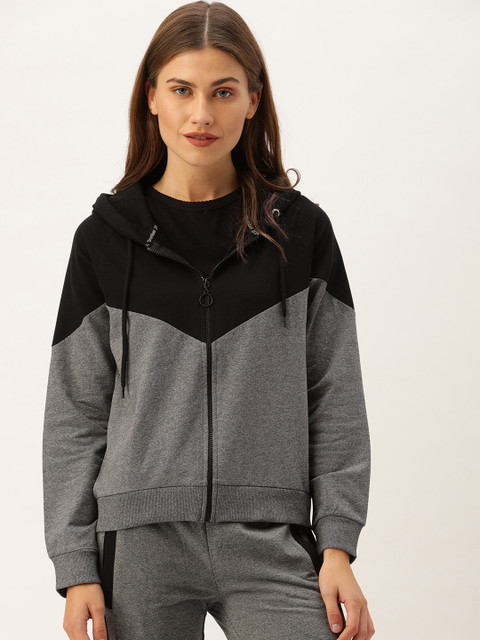 

Slumber Jill Women Black & Charcoal Grey Recycled Yarn Colourblocked Hooded Sweatshirt