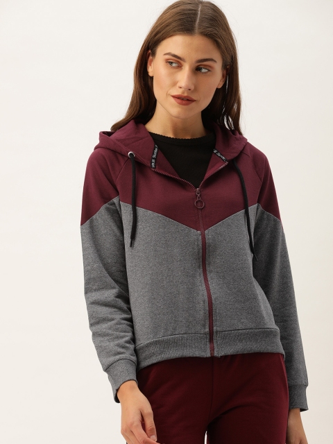 

Slumber Jill Women Burgundy & Charcoal Grey Recycled Yarn Colourblocked Hooded Sweatshirt