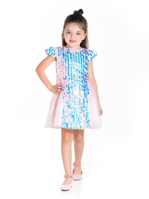 

Cherry Crumble Girls Pink & Silver-Coloured Sequins Embellished Fit and Flare Dress