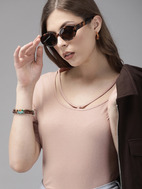 

Roadster Women Mauve Solid Round Neck Pure Cotton T-shirt