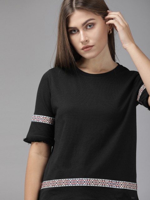 

Roadster Women Black Embroidery Detail Top With Fringes