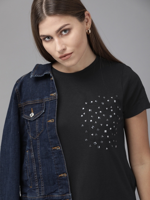 

Roadster Women Black Embellished Round Neck Pure Cotton T-shirt