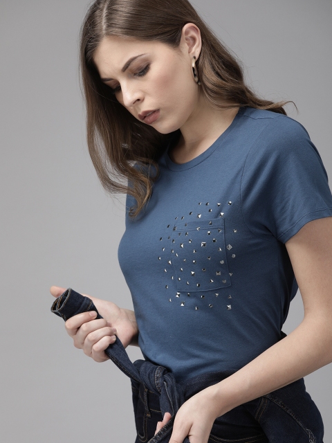 

Roadster Women Teal Blue Solid Round Neck T-shirt with Embellished Detail