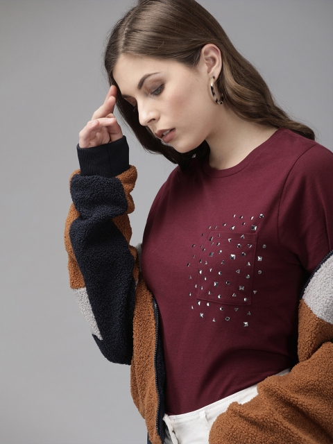 

Roadster Women Burgundy Solid Round Neck T-shirt with Embellished Detail