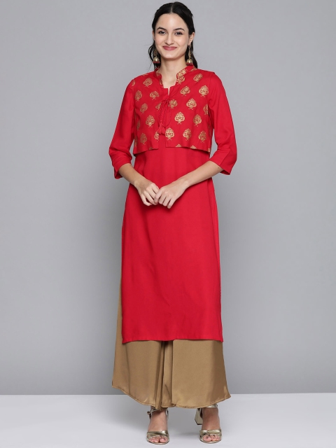 

HERE&NOW Women Red Solid Straight Kurta With Printed Jacket
