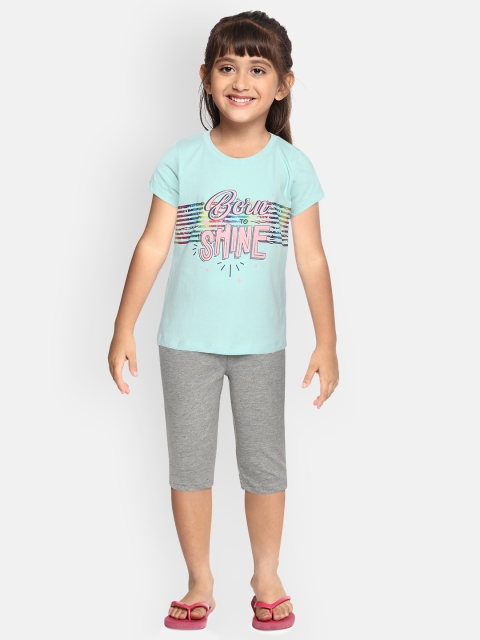 

Sweet Dreams Girls Blue & Grey Melange Printed Knitted Night Suit