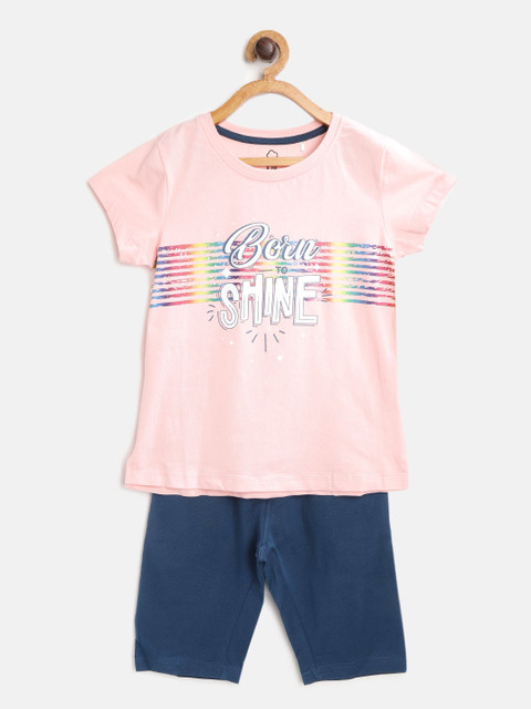 

Sweet Dreams Girls Pink & Navy Blue Slogan Print Knitted Night suit