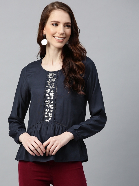 

I AM FOR YOU Women Navy Blue & Silver Embellished A-Line Top